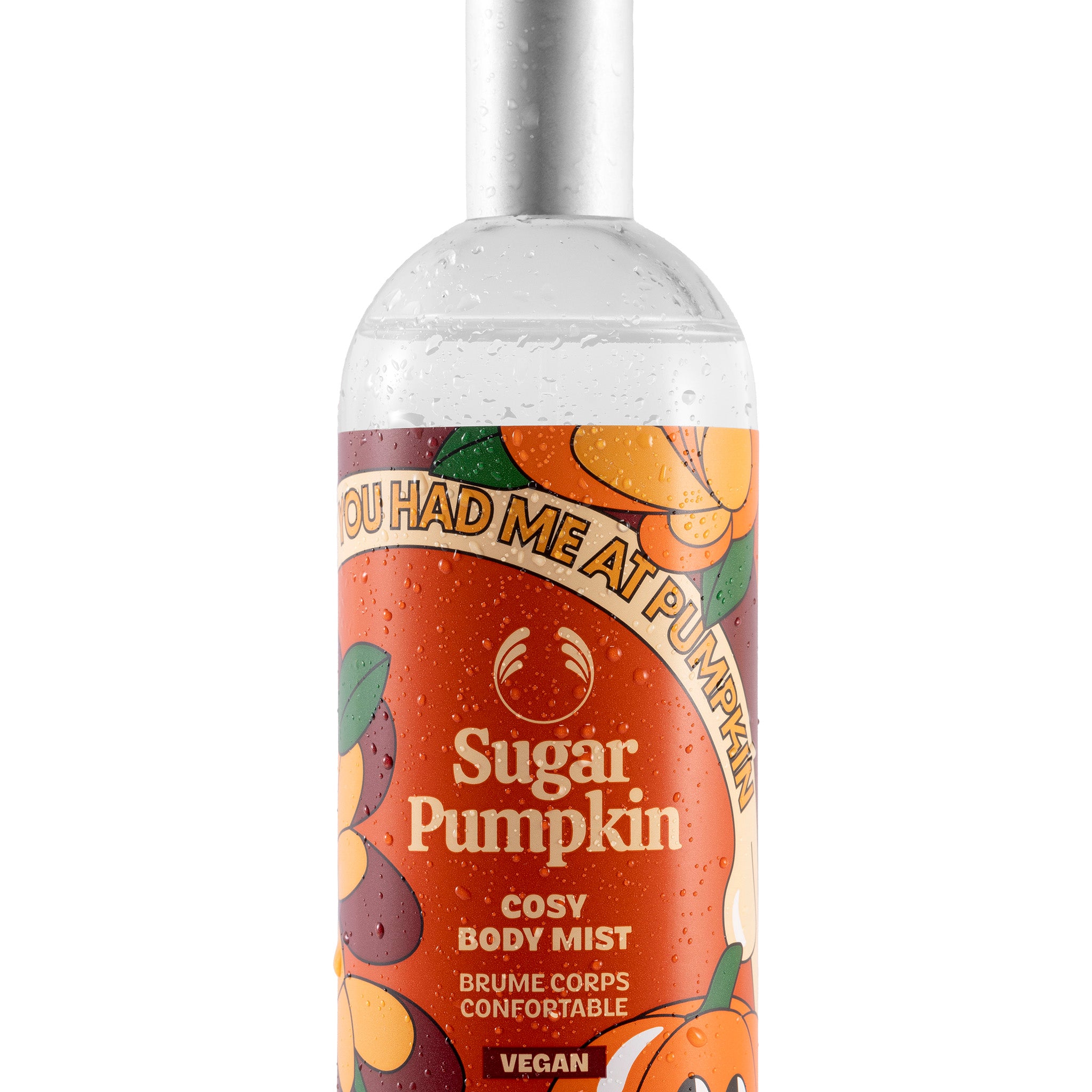 Sugar Pumpkin body mist bottle with colorful label on a white background
